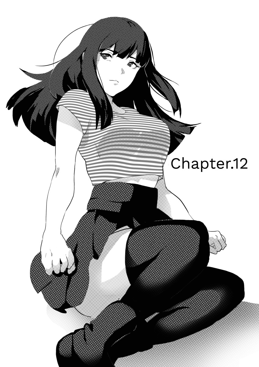 1girl absurdres bangs black_eyes black_hair boots breasts commentary crop_top english_commentary eyebrows hair_strand highres long_hair looking_to_the_side midriff midriff_peek naoko_(9113419) original simple_background sitting skirt solo striped thigh-highs thighs white_background