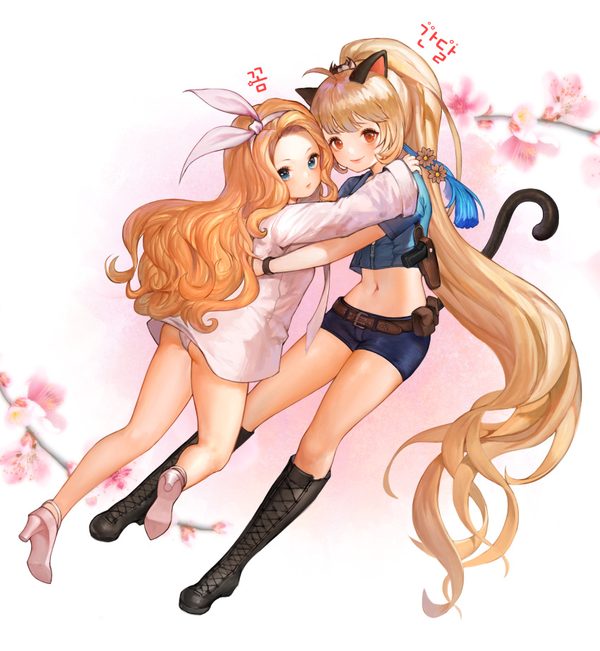 2girls absurdres animal_ears annyeongbangawo ass belt black_footwear blade_&amp;_soul blonde_hair blue_eyes blue_shirt blue_shorts boots brown_eyes cat_ears cat_tail crop_top denim denim_shorts dress_shirt forehead full_body gun hairband handgun high_heels highres holster hug huge_filesize knee_boots kneepits legs long_hair looking_back lyn_(blade_&amp;_soul) midriff multiple_girls navel no_pants panties ponytail pouch ribbon shirt shoes short_shorts shorts smile tail underwear very_long_hair weapon white_panties white_shirt