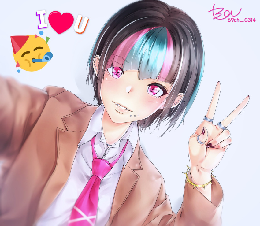 1girl alternate_hair_length alternate_hairstyle artist_name black_hair black_nails blue_hair bracelet brown_jacket chin_piercing collared_shirt dangan_ronpa dress_shirt dutch_angle ear_piercing earrings eyebrows_visible_through_hair heart highlights highres jacket jewelry long_sleeves looking_at_viewer mioda_69ch mioda_ibuki multicolored_hair nail_polish necklace parted_lips piercing pink_eyes pink_hair pink_neckwear school_uniform shirt short_hair smile solo super_dangan_ronpa_2 upper_body v white_shirt wing_collar