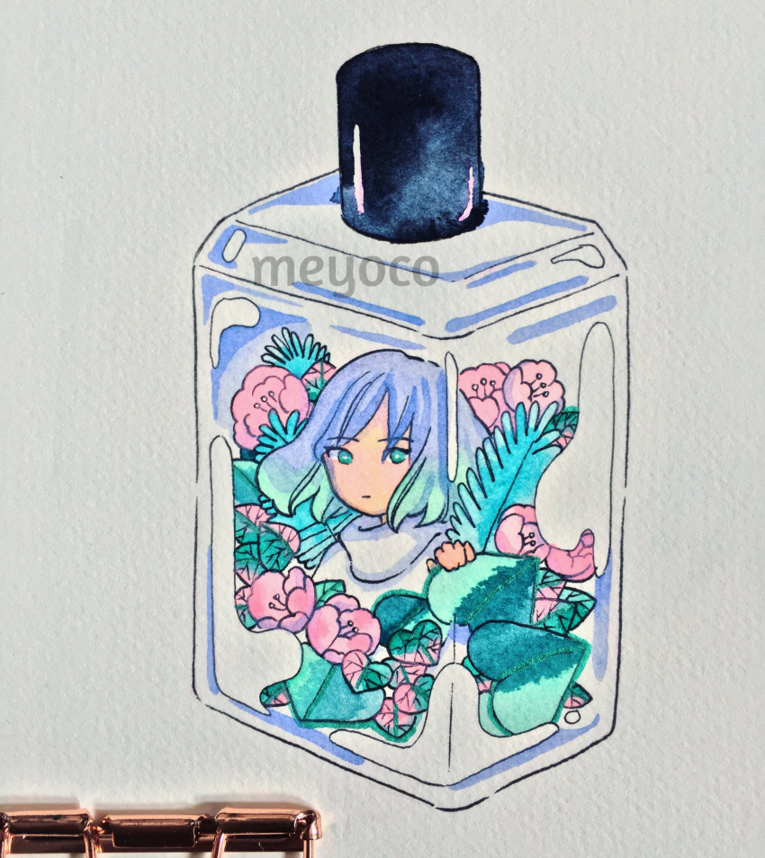 1girl aqua_hair artist_name bangs bottle eyebrows_visible_through_hair flower gradient_hair highres leaf looking_at_viewer meyoco multicolored_hair no_nose original photo pink_flower purple_hair simple_background solo traditional_media transparent turtleneck white_background