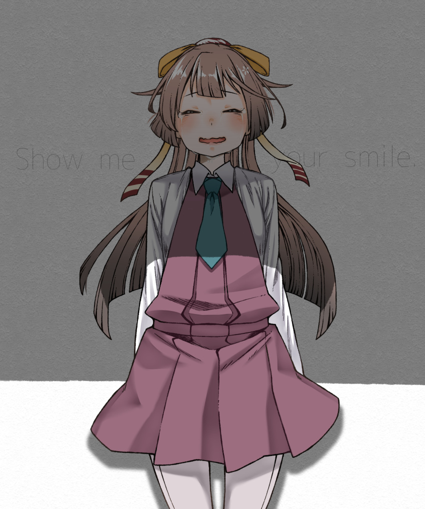 1girl blue_neckwear blush brown_hair chimaki. closed_eyes cowboy_shot crying dress english_text eyebrows_visible_through_hair grey_legwear hair_ribbon highres kantai_collection kazagumo_(kantai_collection) long_hair long_sleeves necktie open_mouth pantyhose pleated_dress ponytail ribbon seamed_legwear shirt sleeveless sleeveless_dress solo tears white_shirt yellow_ribbon