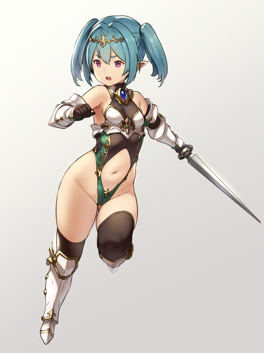 1girl blue_hair breasts circlet elf gauntlets highres houtengeki navel original pointy_ears small_breasts solo sword thigh-highs twintails violet_eyes weapon
