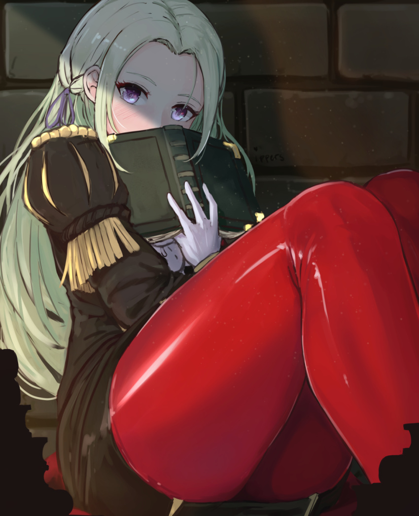 1girl against_wall artist_name black_dress blonde_hair blush book brick_wall commentary_request dress edelgard_von_hresvelgr_(fire_emblem) feet_out_of_frame fire_emblem fire_emblem:_three_houses forehead fringe_trim gloves highres holding holding_book ippers knees_up legs_together long_hair long_sleeves looking_at_viewer military military_uniform nintendo open_book pantyhose red_legwear signature sitting solo uniform violet_eyes white_gloves