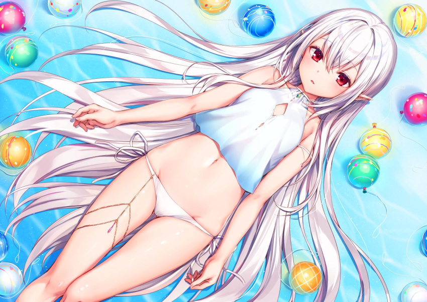 1girl armlet arms_at_sides ass_visible_through_thighs bare_shoulders breasts crop_top halter_top halterneck komeshiro_kasu long_hair lying midriff navel on_back original panties parted_lips pointy_ears red_eyes side-tie_panties small_breasts solo thighlet underwear very_long_hair white_hair white_panties