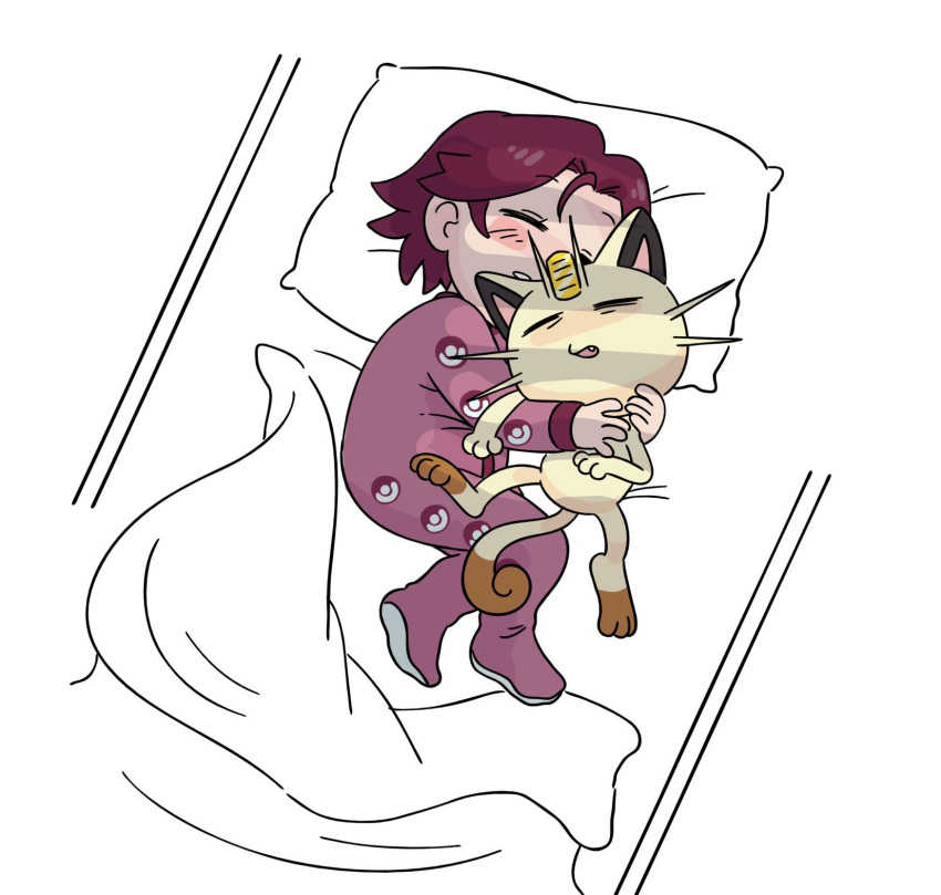 1girl bed_sheet cuddling futon gen_1_pokemon highres kiana_mai meowth pajamas pillow poke_ball purple_hair sleeping