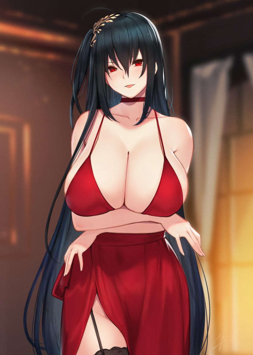 1girl ahoge azur_lane bangs bare_shoulders black_hair black_legwear blush breast_hold breasts choker cocktail_dress collarbone dress garter_straps hair_between_eyes hair_ornament hayabusa head_tilt highres huge_breasts indoors long_hair looking_at_viewer parted_lips red_choker red_dress red_eyes signature solo standing taihou_(azur_lane) taihou_(forbidden_feast)_(azur_lane) thigh-highs very_long_hair