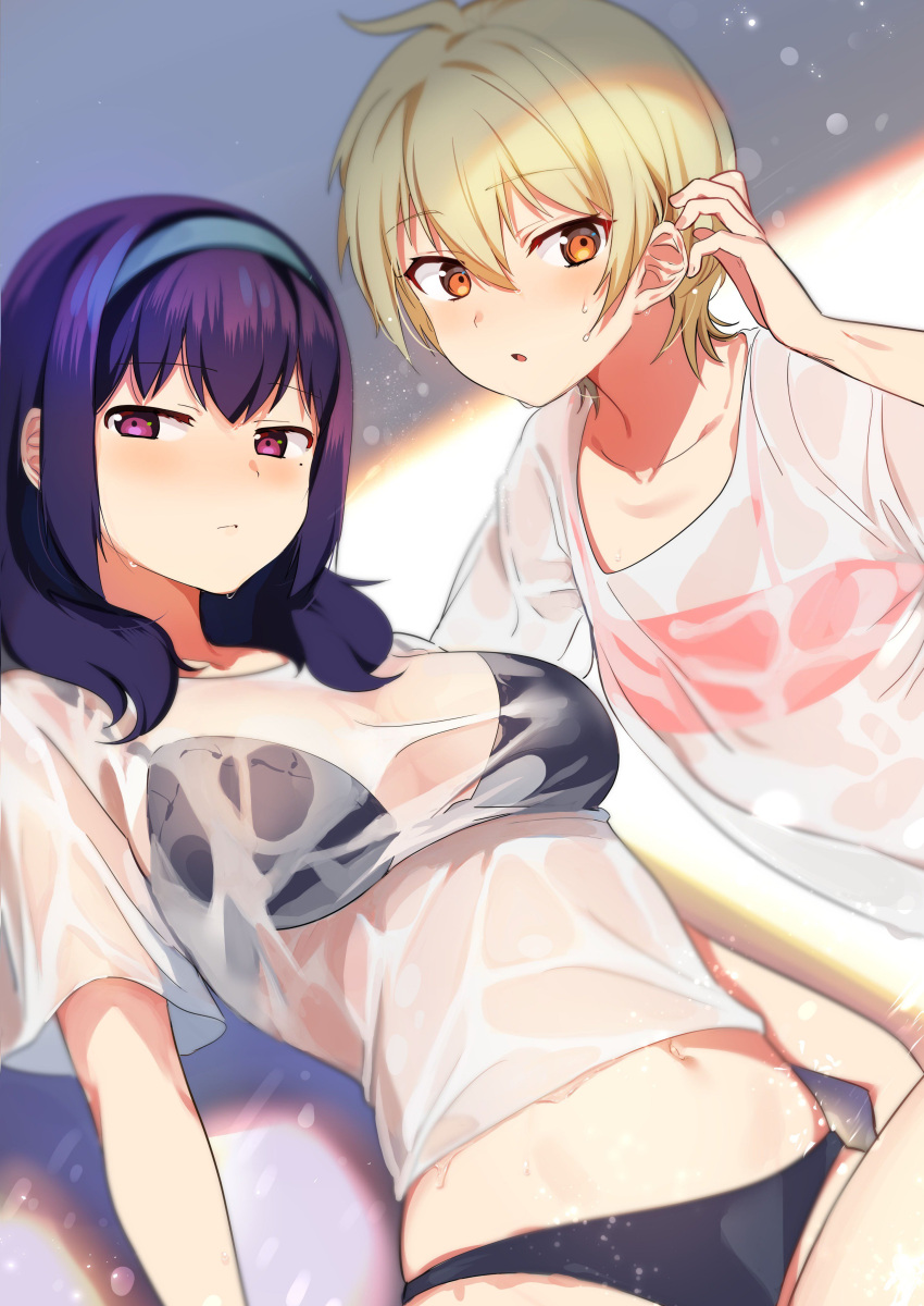 2girls absurdres bikini bikini_top black_bikini blonde_hair breasts dutch_angle eyebrows_visible_through_hair flat_chest hair_between_eyes hair_tucking hairband harumi_hana highres ichihara_chiaki konbu_wakame large_breasts looking_at_viewer medium_hair mole mole_under_eye multiple_girls navel orange_eyes pink_bikini_top purple_hair see-through sekai_de_ichiban_oppai_ga_suki! shirt short_hair swimsuit t-shirt violet_eyes wet wet_clothes wet_hair wet_shirt