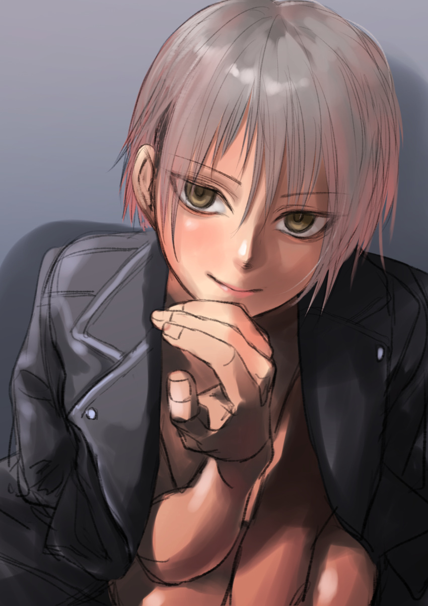 1girl bangs black_jacket brown_eyes closed_mouth eyebrows_visible_through_hair eyes_visible_through_hair fingernails grey_hair hair_between_eyes highres jacket kilye_4421 multicolored_hair naked_coat open_clothes open_jacket original pink_hair pink_lips smile solo two-tone_hair