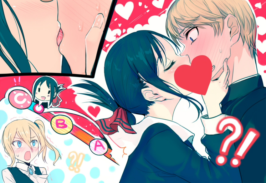 !? 1boy 2girls bangs black_hair blonde_hair blue_eyes blush brooch closed_eyes collared_shirt commentary_request eyebrows_visible_through_hair folded_ponytail french_kiss hair_between_eyes hair_ornament hair_ribbon hair_scrunchie hayasaka_ai heart hetero jewelry kaguya-sama_wa_kokurasetai_~tensai-tachi_no_renai_zunousen~ kiss long_sleeves multiple_girls open_mouth red_ribbon ribbon school_uniform scrunchie shinomiya_kaguya shirogane_miyuki shirt side_ponytail sidelocks spoilers tongue walzrj white_shirt