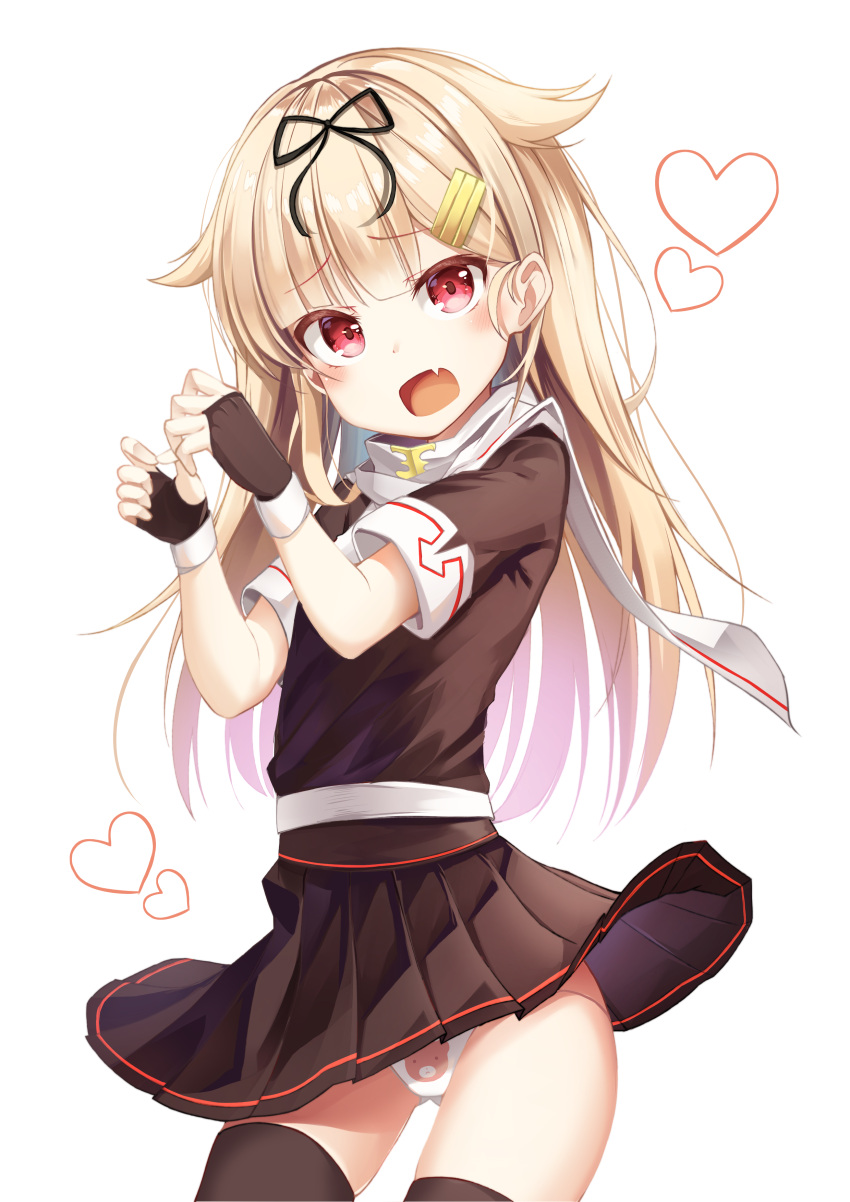 1girl absurdres apple_ringo black_ribbon blonde_hair blush breasts fingerless_gloves gloves gradient_hair hair_flaps hair_ornament hair_ribbon hairclip heart highres kantai_collection long_hair messy_hair multicolored_hair open_mouth panties pantyshot pleated_skirt red_eyes remodel_(kantai_collection) ribbon scarf school_uniform serafuku simple_background skirt straight_hair thighs underwear white_background white_scarf yuudachi_(kantai_collection)