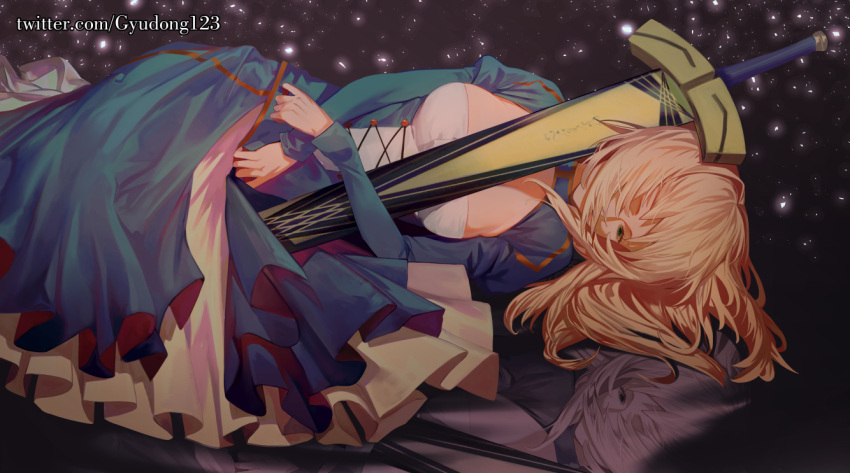 1girl artoria_pendragon_(all) blonde_hair blue_dress breasts dress fate/grand_order fate_(series) gyudong123 hair_over_one_eye holding holding_sword holding_weapon long_sleeves lying medium_breasts medium_hair mirror_image on_side saber solo sword twitter_username watermark weapon web_address yellow_eyes