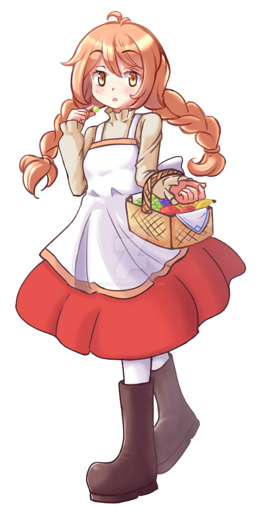 100_percent_orange_juice 1girl absurdres apron basket boots braid brown_eyes brown_hair dress flying_red_barrel food fruit highres kelsuis long_hair long_sleeves marc_(red_barrel) open_mouth pantyhose solo