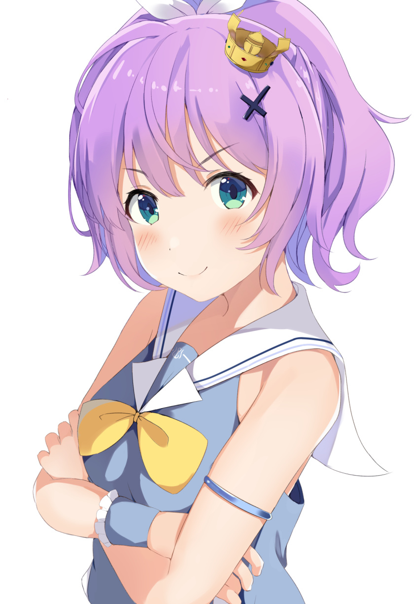 1girl anchor_symbol armlet azur_lane blue_eyes blue_shirt blush breasts commentary_request crossed_arms crown eyebrows_visible_through_hair hair_between_eyes hair_ornament hair_ribbon head_tilt highres javelin_(azur_lane) lavender_hair looking_at_viewer mini_crown neckerchief ponyaru ribbon sailor_collar shirt short_hair side_ponytail simple_background sleeveless sleeveless_shirt small_breasts smile solo standing upper_body white_background white_sailor_collar wrist_cuffs x_hair_ornament yellow_neckwear