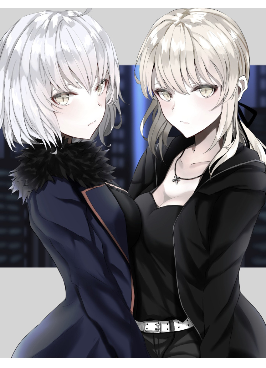 2girls ahoge artoria_pendragon_(all) belt black_jacket black_ribbon blonde_hair blue_jacket breasts cleavage closed_mouth fate/grand_order fate_(series) fur_trim hair_ribbon highres jacket jeanne_d'arc_(alter)_(fate) jeanne_d'arc_(fate)_(all) ka1se1 large_breasts looking_at_viewer medium_breasts medium_hair multiple_girls ribbon saber_alter short_hair silver_hair upper_body wicked_dragon_witch_ver._shinjuku_1999 yellow_eyes