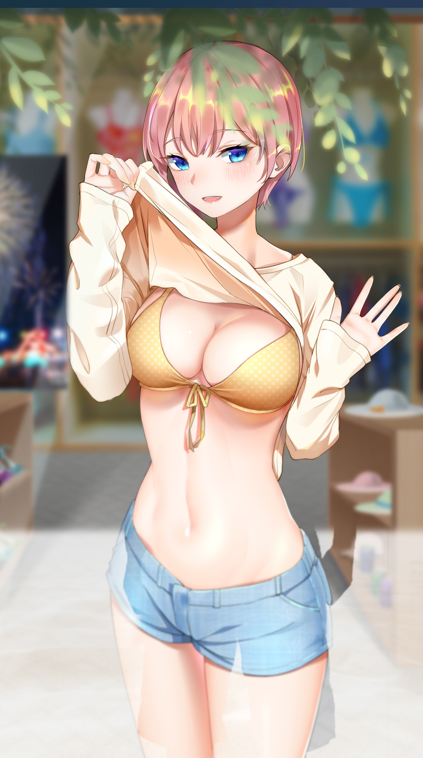 1girl absurdres bangs bikini bikini_top bikini_under_clothes blue_eyes blush breasts cleavage day eyebrows_visible_through_hair front-tie_bikini front-tie_top go-toubun_no_hanayome hair_between_eyes highres kongbai large_breasts lifted_by_self looking_at_viewer nail_polish nakano_ichika navel open_mouth orange_bikini_top pink_hair polka_dot_bikini_top shirt shirt_lift short_hair short_shorts shorts smile solo standing swimsuit yellow_nails