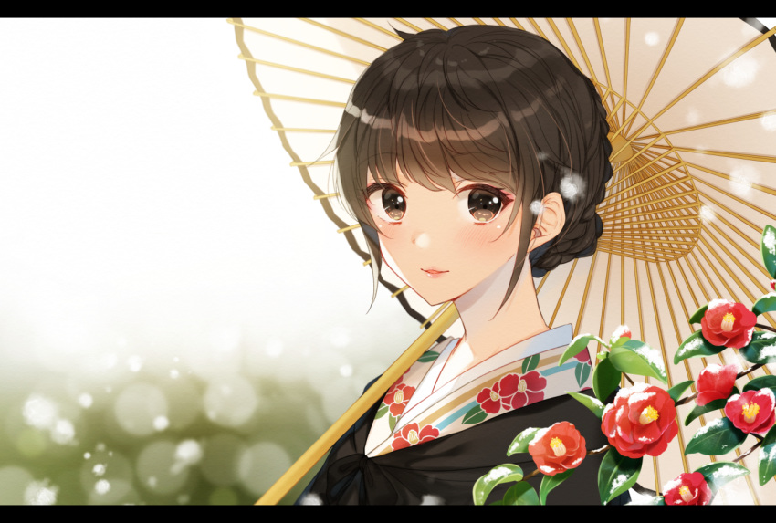 1girl brown_eyes brown_hair eyebrows_visible_through_hair flower hair_bun hiiragi_souren holding holding_umbrella japanese_clothes kimono looking_at_viewer oriental_umbrella original smile solo umbrella