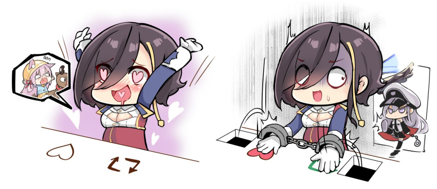 2koma 3girls ark_royal_(azur_lane) azur_lane bongo_cat caught chibi cleavage_cutout comic commentary_request cuffs door ears_through_headwear enterprise_(azur_lane) handcuffs hat heart heart-shaped_pupils heart_in_mouth kindergarten_uniform kisaragi_(azur_lane) meme multiple_girls phandit_thirathon pink_hair reindeer school_hat shaded_face symbol-shaped_pupils turn_pale twitter yellow_hat