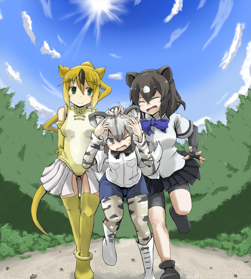 3girls ^_^ african_wild_dog_(kemono_friends) african_wild_dog_print animal_ear_fluff animal_ears animal_print annoyed arms_behind_back bear_ears bike_shorts black_footwear black_hair black_skirt blue_sky bodystocking boots bow bowtie breast_pocket brown_bear_(kemono_friends) circlet closed_eyes closed_eyes closed_mouth commentary_request cutoffs day dog_ears dog_tail elbow_gloves eyebrows_visible_through_hair fingerless_gloves friends full_body gloves golden_snub-nosed_monkey_(kemono_friends) green_eyes grey_eyes grey_hair hair_between_eyes hand_on_another's_head hand_on_own_arm hands_up hane_(kirschbaum) happy high_ponytail kemono_friends leaning_forward leotard long_hair long_sleeves looking_at_another medium_hair monkey_ears monkey_tail multicolored_hair multiple_girls one_eye_closed open_mouth outdoors petting pocket print_legwear print_sleeves running shirt shoes short_over_long_sleeves short_sleeves shorts shorts_under_skirt skirt sky smile spread_fingers sun tail thigh-highs two-tone_hair v-shaped_eyebrows walking white_footwear white_hair white_shirt yellow_footwear yellow_gloves yellow_legwear
