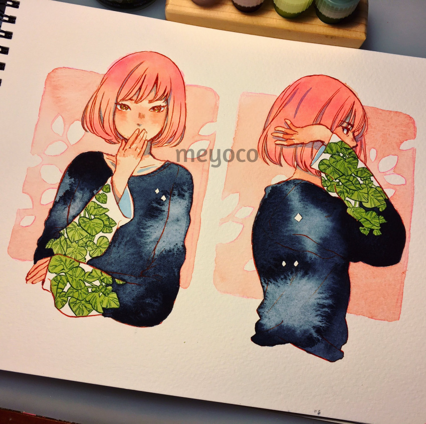 1girl artist_name bangs black_sweater covered_mouth cropped_torso eyebrows_visible_through_hair highres leaf long_sleeves looking_at_viewer meyoco multiple_views original photo pink_hair profile short_hair solo sweater traditional_media upper_body