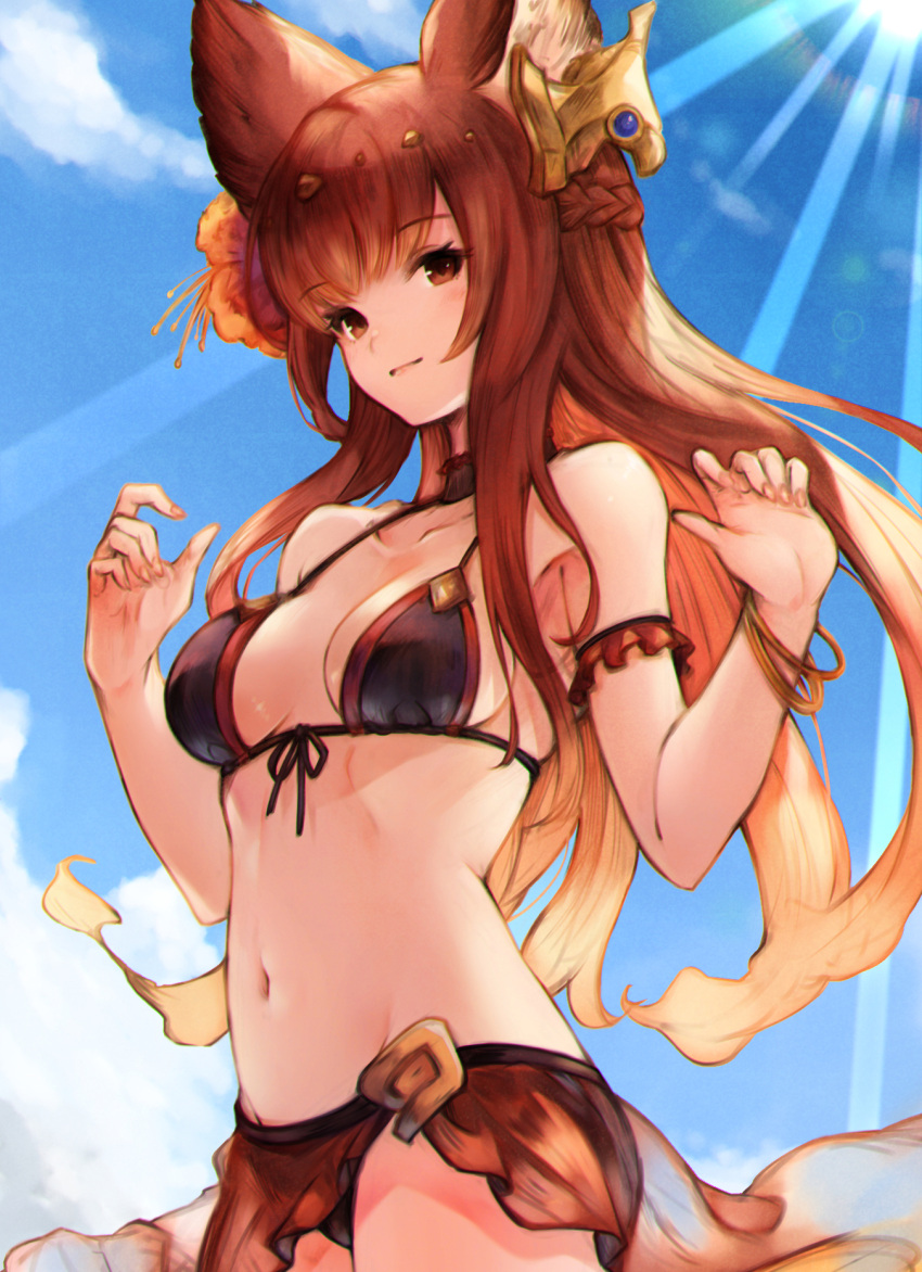 1girl animal_ears anthuria bangle bare_shoulders bikini black_bikini blue_sky bracelet braid breasts breasts_apart choker closed_mouth clouds collarbone cowboy_shot day erune french_braid front-tie_bikini front-tie_top gradient_hair granblue_fantasy groin hair_ornament halterneck hands_up highres jewelry koretsuki_azuma light_rays long_hair looking_at_viewer medium_breasts multicolored_hair navel outdoors red_eyes redhead sarong sky solo standing stomach sun sunbeam sunlight swimsuit