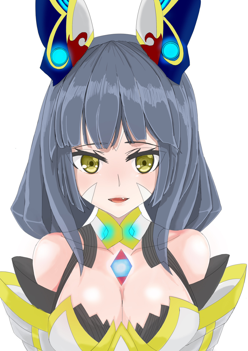 1girl absurdres breasts cleavage gem grey_hair highres large_breasts long_hair looking_at_viewer nintendo niyah pzliaoxi simple_background smile spoilers white_background xenoblade_(series) xenoblade_2 yellow_eyes