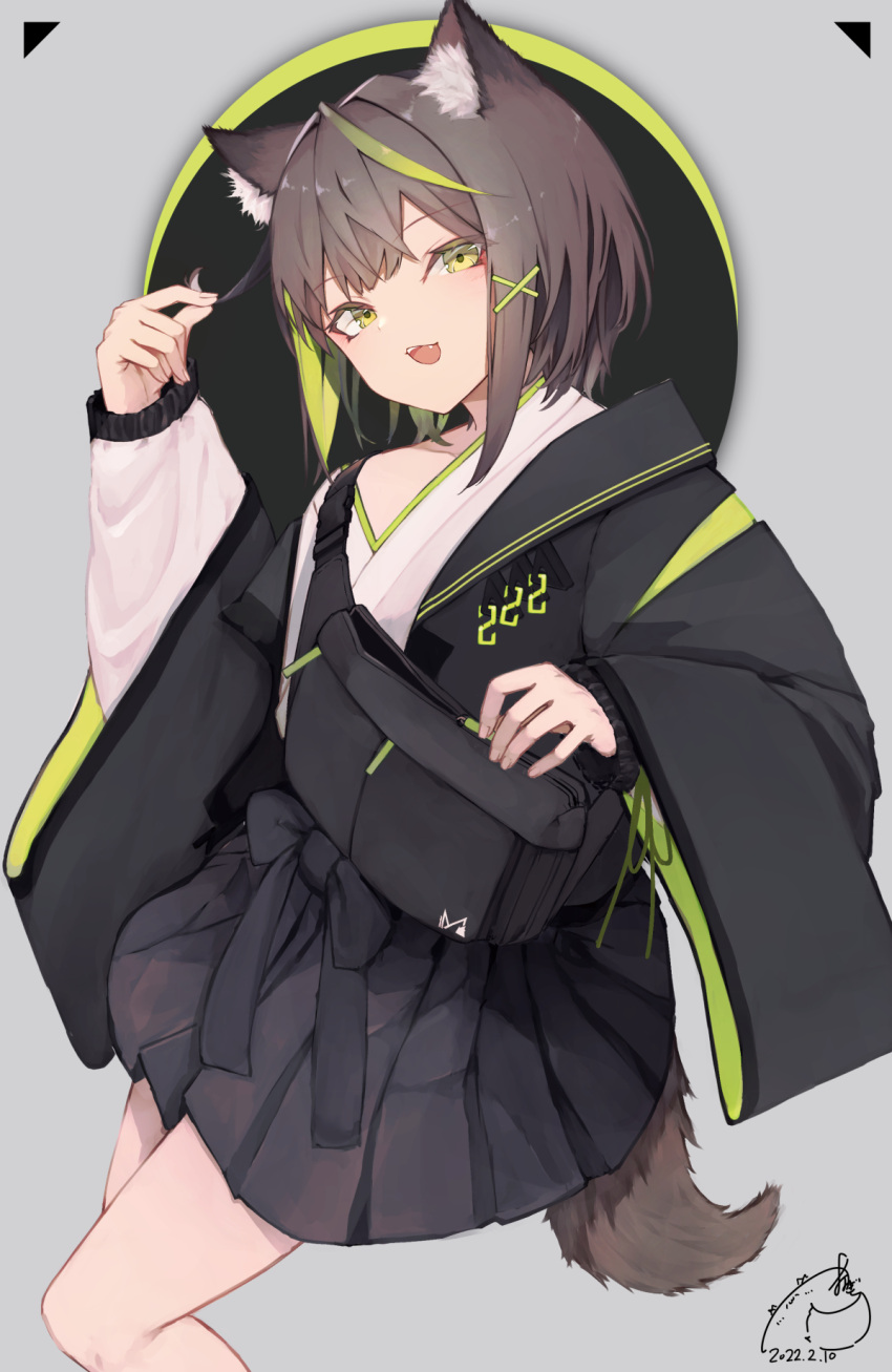 1girl :d animal_ear_fluff animal_ears black_hair black_jacket black_skirt commentary fanny_pack green_eyes green_hair grey_background hand_up head_tilt highres jacket japanese_clothes kimono long_sleeves looking_at_viewer mayogii multicolored_hair original pleated_skirt puffy_long_sleeves puffy_sleeves skirt sleeves_past_wrists smile solo symbol-only_commentary tail two-tone_hair white_kimono wide_sleeves