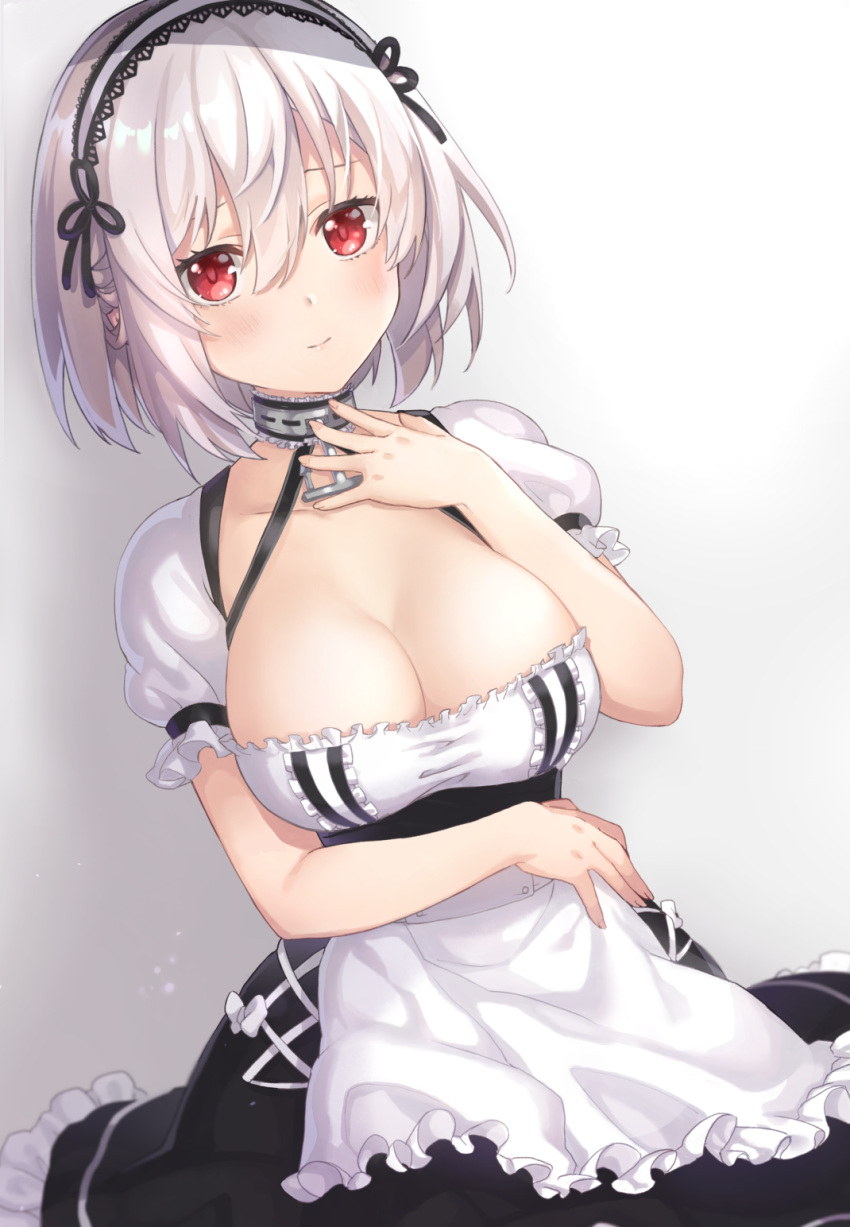 1girl anchor_choker apron arm_across_waist azur_lane blush bow breasts choker cleavage closed_mouth collarbone commentary_request dress fingernails frilled_apron frilled_choker frilled_dress frills gradient gradient_background grey_background hair_between_eyes hairband hand_on_own_chest highres kon_(k0n16) large_breasts looking_at_viewer maid puffy_short_sleeves puffy_sleeves red_eyes short_hair short_sleeves silver_hair sirius_(azur_lane) smile solo tareme white_background white_bow