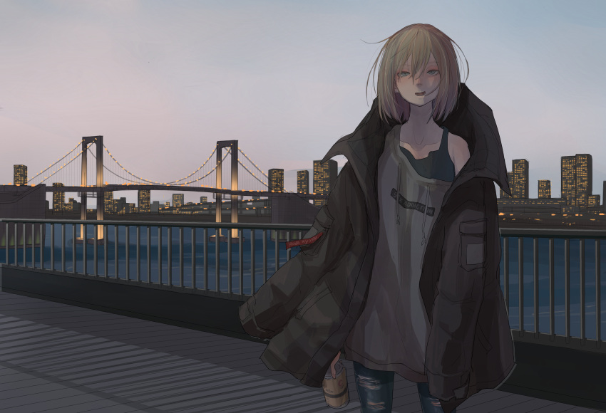 1girl absurdres blonde_hair bridge can cityscape commentary_request denim green_eyes highres holding jacket_on_shoulders jeans looking_at_viewer medium_hair original outdoors oversized_clothes pants shirt_slip solo tabao torn_clothes torn_jeans torn_pants