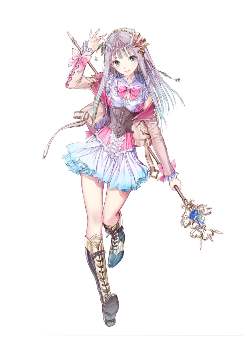 1girl absurdres atelier_(series) atelier_lulua bangs blunt_bangs boots breasts cleavage commentary_request cross-laced_footwear detached_sleeves elmerulia_fryxell frills full_body green_eyes grey_hair hair_ornament hairband highres holding jacket kishida_mel knee_boots lace-up_boots long_hair long_sleeves looking_at_viewer medium_breasts official_art open_mouth ribbon shiny shiny_hair simple_background skirt smile solo staff white_background white_skirt