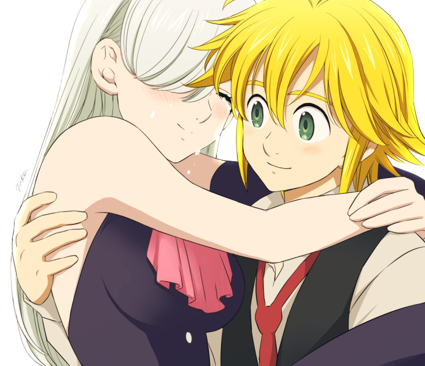 1boy 1girl antenna_hair asymmetrical_sleeves black_dress black_sleeves blonde_hair carrying closed_eyes crying detached_sleeves dress elizabeth_liones green_eyes grey_shirt hair_between_eyes hair_over_one_eye harumiya long_hair long_sleeves meliodas nanatsu_no_taizai necktie pink_neckwear princess_carry red_neckwear shiny shiny_hair shirt signature silver_hair single_sleeve sleeveless sleeveless_dress smile tears very_long_hair white_background