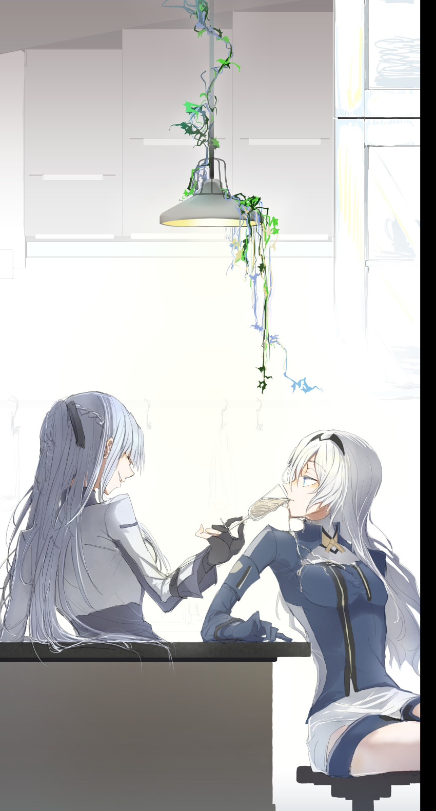 2girls absurdres ak-12_(girls_frontline) alcohol an-94_(girls_frontline) artist_request bar bar_stool braid ceiling_light closed_eyes commentary_request cup drinking drinking_glass feeding fingerless_gloves french_braid girls_frontline gloves highres lamp multiple_girls plant purple_hair silver_hair spill stool vines wine wine_glass yuri