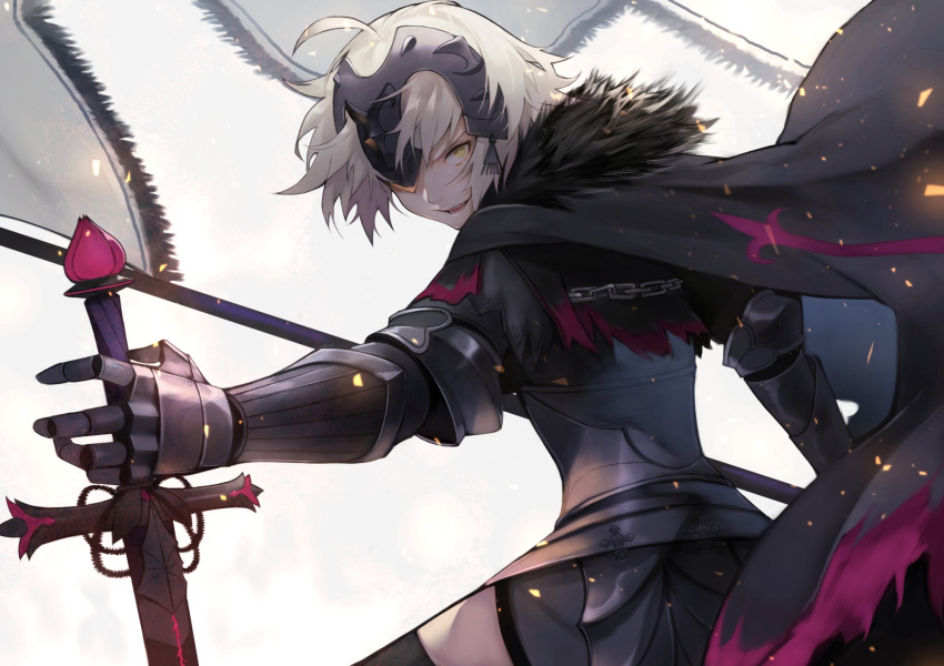 1girl 55level ahoge armor armored_dress bangs black_cape breasts cape commentary english_commentary fate/grand_order fate_(series) from_behind fur-trimmed_cape fur_collar fur_trim gauntlets headpiece highres holding holding_sword holding_weapon jeanne_d'arc_(alter)_(fate) jeanne_d'arc_(fate) jeanne_d'arc_(fate)_(all) looking_at_viewer looking_back short_hair silver_hair simple_background solo sword thigh-highs weapon white_background yellow_eyes