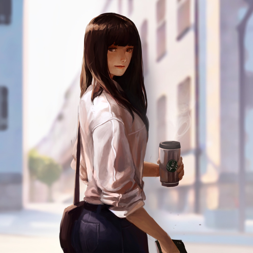 1girl bag black_eyes black_hair blouse breasts casual cellphone coffee coffee_cup commentary cup denim disposable_cup english_commentary highres holding holding_cup jeans lips long_hair morning naoko_(9113419) original outdoors pants phone shade shoulder_bag sleeves_rolled_up smartphone steam