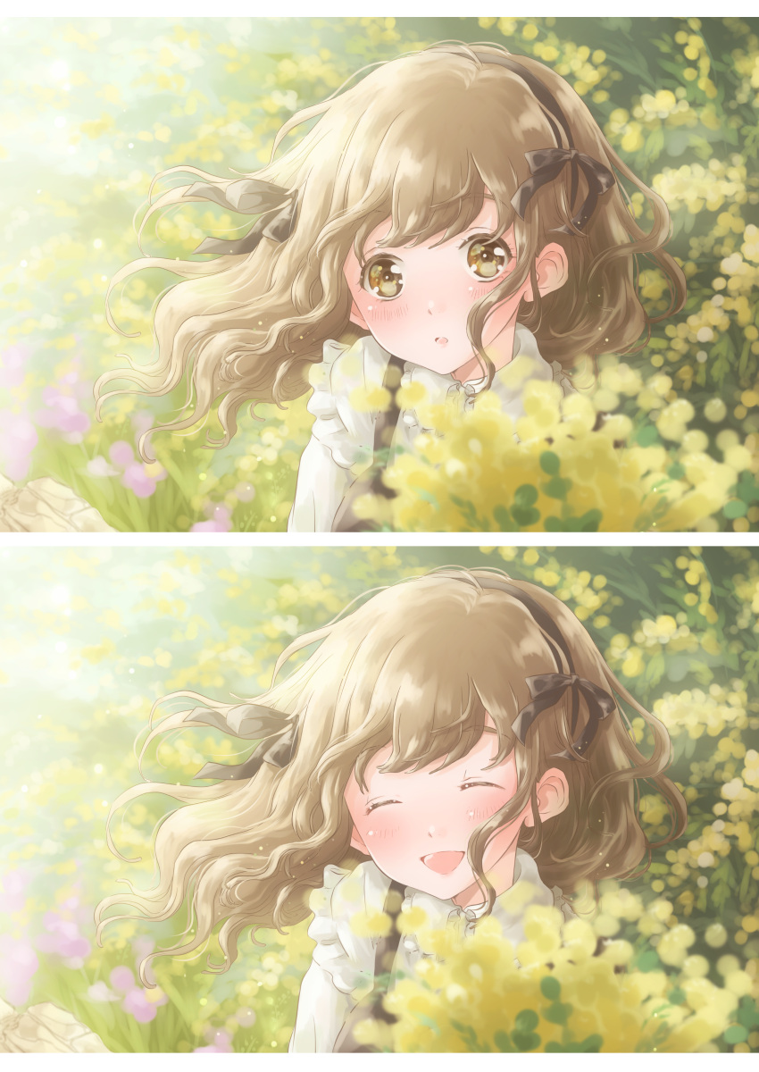 1girl :o absurdres black_vest blurry blush brown_eyes brown_hair closed_eyes day depth_of_field expressions hair_blowing hair_ribbon happy head_tilt highres hoshiibara_mato long_sleeves open_mouth original outdoors primrose_(flower) ribbon shirt split_screen upper_body vest white_shirt wind