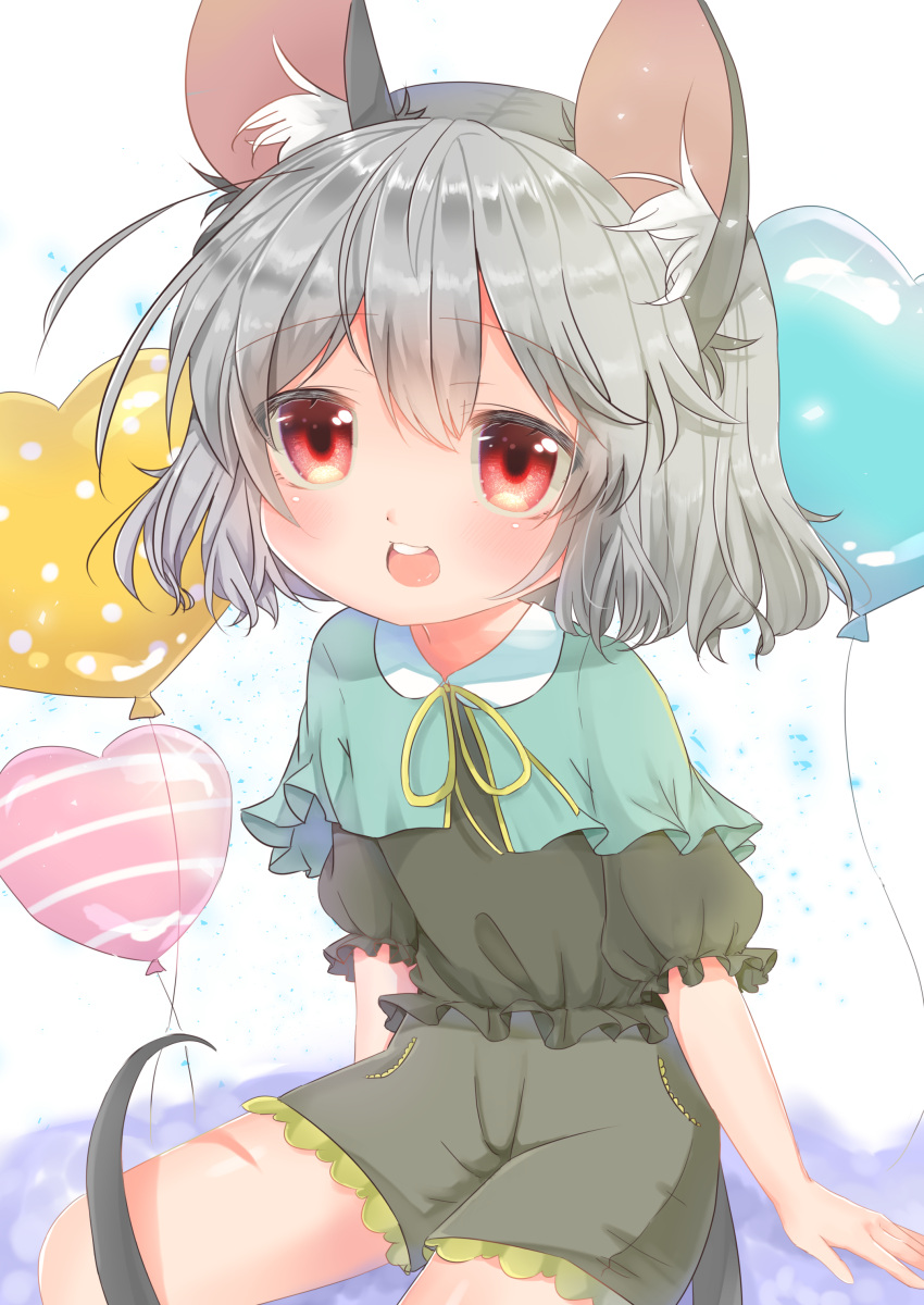 1girl absurdres adapted_costume animal_ears aqua_capelet ashino_chimado balloon black_shirt black_shorts buck_teeth capelet commentary_request eyebrows_visible_through_hair frilled_shorts frills grey_hair hair_between_eyes heart_balloon highres looking_at_viewer mouse_ears mouse_tail nazrin open_mouth puffy_short_sleeves puffy_sleeves red_eyes shirt short_hair short_sleeves shorts simple_background sitting solo tail touhou upper_teeth white_background