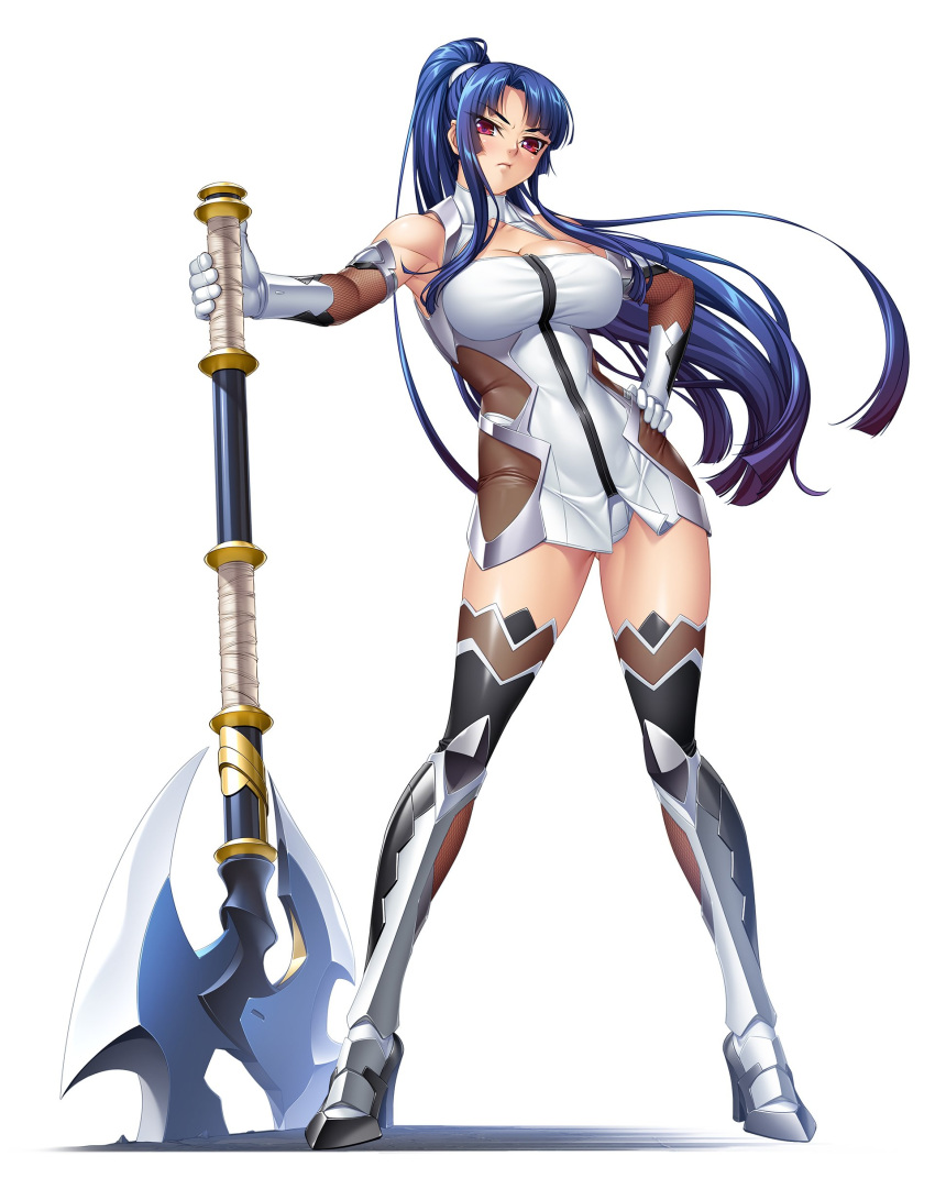 1girl absurdres axe bangs bare_shoulders battle_axe blue_hair breasts cleavage closed_mouth commentary_request dress elbow_gloves full_body gloves hand_on_hip highres huge_weapon kagami_hirotaka large_breasts long_hair looking_at_viewer official_art panties ponytail red_eyes serious shiny shiny_hair shiny_skin short_dress sidelocks simple_background solo standing taimanin_(series) taimanin_asagi taimanin_asagi_kessen_arena thigh-highs underwear weapon white_background yatsu_murasaki
