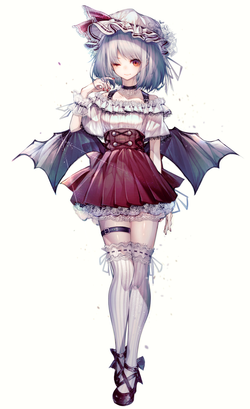 1girl absurdres alternate_costume bangs bat_wings black_choker black_footwear choker commentary_request cross-laced_footwear eyebrows_visible_through_hair frilled_shirt frills full_body hand_up hat hat_ribbon high-waist_skirt highres hito_komoru light_particles miniskirt mob_cap nail_polish off-shoulder_shirt off_shoulder one_eye_closed petticoat pleated_skirt red_eyes red_nails red_ribbon red_skirt remilia_scarlet ribbon ribbon_trim shirt shoes short_hair short_sleeves silver_hair simple_background skirt solo standing striped striped_legwear thigh-highs thigh_strap thighs touhou vertical-striped_legwear vertical_stripes white_background white_hat white_legwear white_shirt wings wrist_cuffs zettai_ryouiki