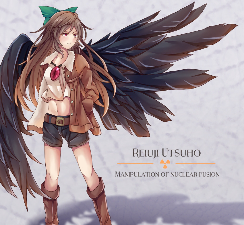 1girl alternate_costume bare_legs belt bird_wings black_wings boots bow brown_footwear brown_hair brown_jacket buttons casual character_name closed_mouth collared_jacket commentary_request contemporary cropped_legs cropped_shirt english_text feet_out_of_frame green_bow hair_bow hand_in_pocket highres jacket long_hair long_sleeves looking_afar looking_to_the_side midriff navel open_clothes open_jacket red_eyes reiuji_utsuho ri_cochet shadow shirt shorts solo standing stomach third_eye touhou unbuttoned white_shirt wings