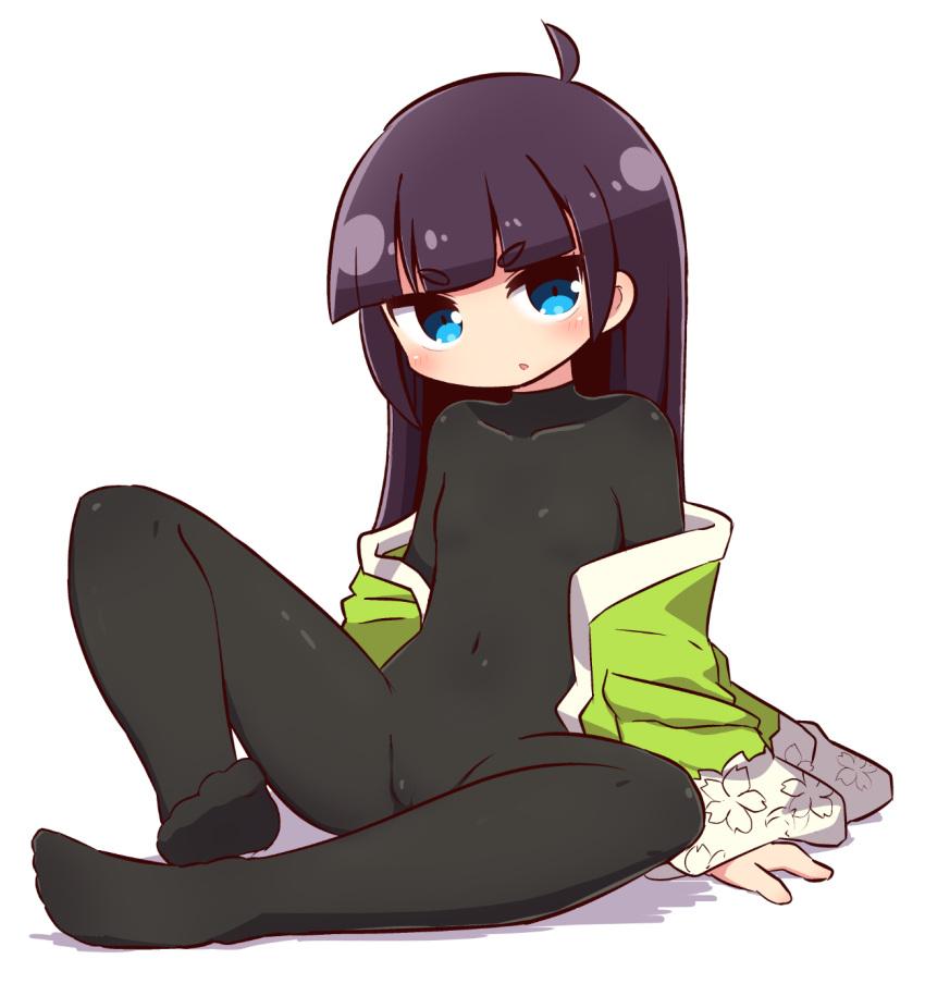 1girl 7th_dragon 7th_dragon_(series) bangs black_bodysuit blue_eyes blunt_bangs blush bodysuit breasts brown_hair commentary_request covered_collarbone covered_navel eyebrows_visible_through_hair full_body haori head_tilt highres japanese_clothes long_hair long_sleeves naga_u no_shoes off_shoulder parted_lips ran_(7th_dragon) samurai_(7th_dragon_series) shadow short_eyebrows sitting sleeves_past_wrists small_breasts soles solo thick_eyebrows very_long_hair white_background wide_sleeves