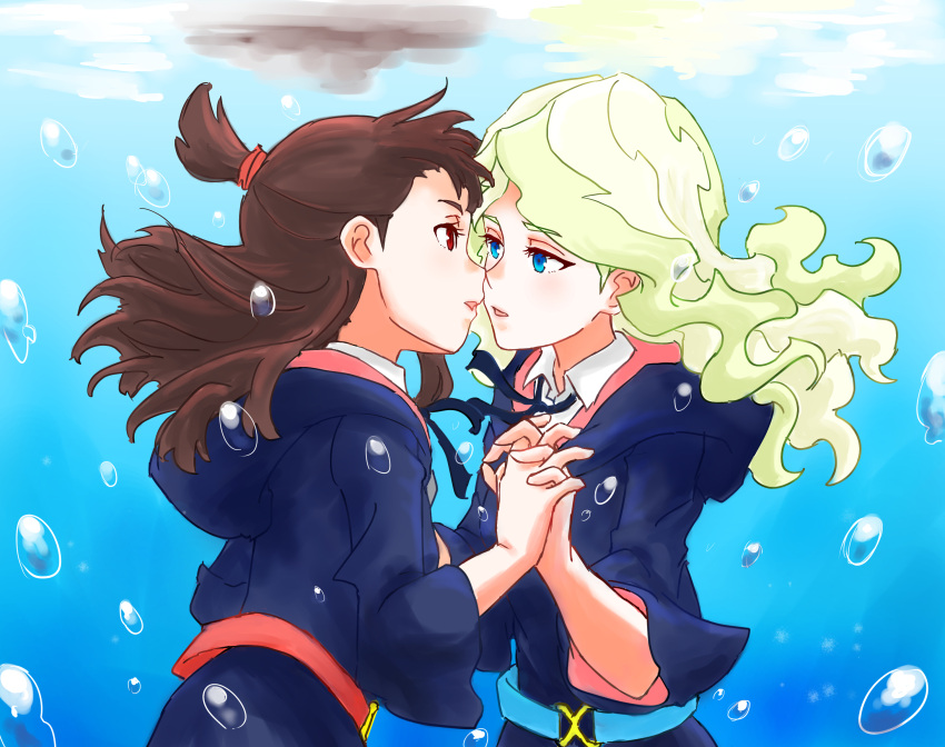 2girls a50926123 absurdres blonde_hair blue_eyes brown_hair couple diana_cavendish eye_contact hand_holding highres imminent_kiss interlocked_fingers kagari_atsuko little_witch_academia long_hair looking_at_another luna_nova_school_uniform multiple_girls school_uniform underwater uniform water wavy_hair yuri