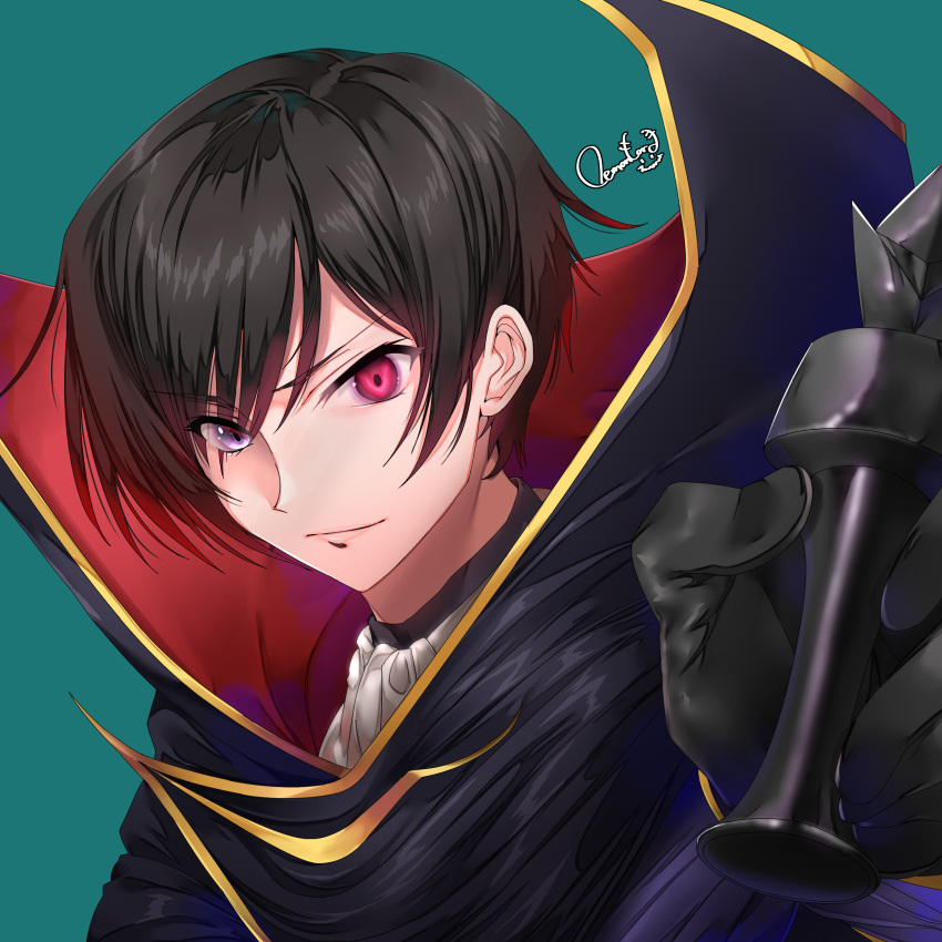 1boy absurdres aqua_background black_hair chess_piece code_geass eyes_visible_through_hair geass hair_over_one_eye heterochromia highres holding king_(chess) lelouch_lamperouge male_focus maou(demonlord) red_eyes shiny shiny_hair simple_background solo violet_eyes white_neckwear