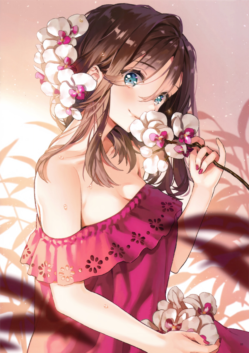 1girl absurdres ancotaku bangs bare_shoulders blue_eyes blurry blurry_background blurry_foreground blush breasts brown_hair cherry_blossoms cleavage closed_mouth collarbone depth_of_field dress eyes_visible_through_hair flower focused hair_between_eyes hair_flower hair_ornament hand_up highres holding holding_branch holding_flower huge_filesize leaf lens_flare light_particles looking_at_viewer medium_breasts medium_hair nail_polish off-shoulder_dress off_shoulder original pink_dress pink_flower pink_nails scan shiny shiny_hair signature sitting smile solo tareme upper_body water_drop wet white_flower