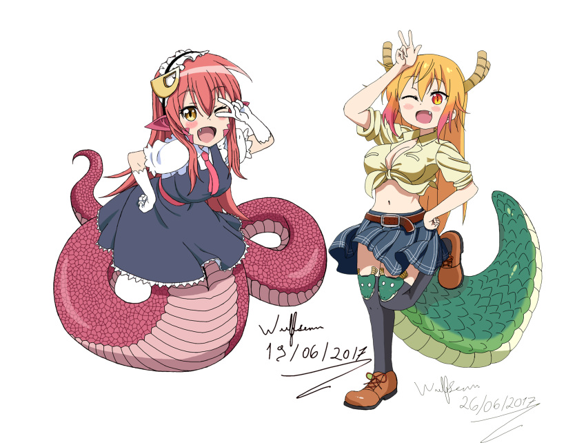 2017 2girls blonde_hair blush bow cosplay crossover dragon dragon_girl dragon_horns eyebrows_visible_through_hair fang frilled_gloves frilled_sleeves frills front-tie_top gloves hair_ornament happy highres horns kobayashi-san_chi_no_maidragon lamia long_hair long_tail maid maid_headdress midriff miia_(monster_musume) miniskirt monster_girl monster_musume_no_iru_nichijou multicolored_hair multiple_girls one_eye_closed open_mouth orange_eyes orange_hair peace_sign pleated_skirt pointy_ears puffy_short_sleeves puffy_sleeves red_bow redhead scale shirt shoes short_sleeves simple_background skirt slit_pupils snake_tail tail teeth tied_shirt tooru_(maidragon) white_background white_gloves wulfsenn yellow_eyes