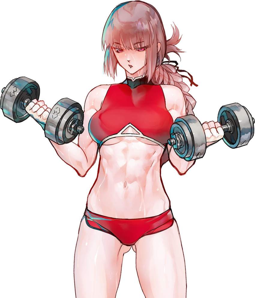 1girl ass_visible_through_thighs blush braid breasts buruma cowboy_shot dumbbell exercise fate/grand_order fate_(series) fingerless_gloves florence_nightingale_(fate/grand_order) gloves highres holding large_breasts long_hair midriff muscle navel open_mouth pink_hair single_braid solo sports_bra sportswear sweat weightlifting weights yamanaka_kotetsu