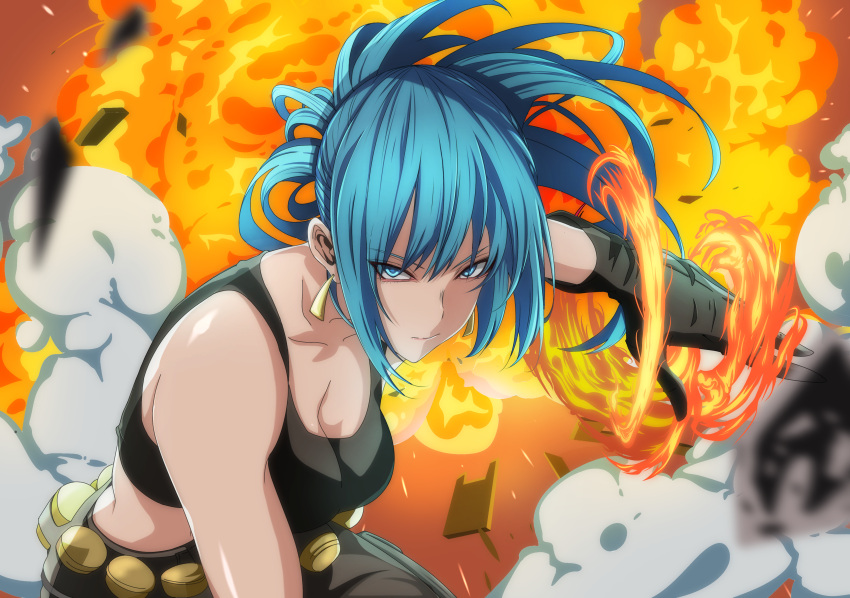 1girl absurdres bare_shoulders black_gloves blue_eyes blue_hair breasts cleavage commentary_request crop_top earrings explosive fighting_stance fire gloves grenade highres jewelry kappa_(moonsidekanade) leona_heidern long_hair looking_at_viewer medium_breasts midriff ponytail smoke solo tank_top the_king_of_fighters toned