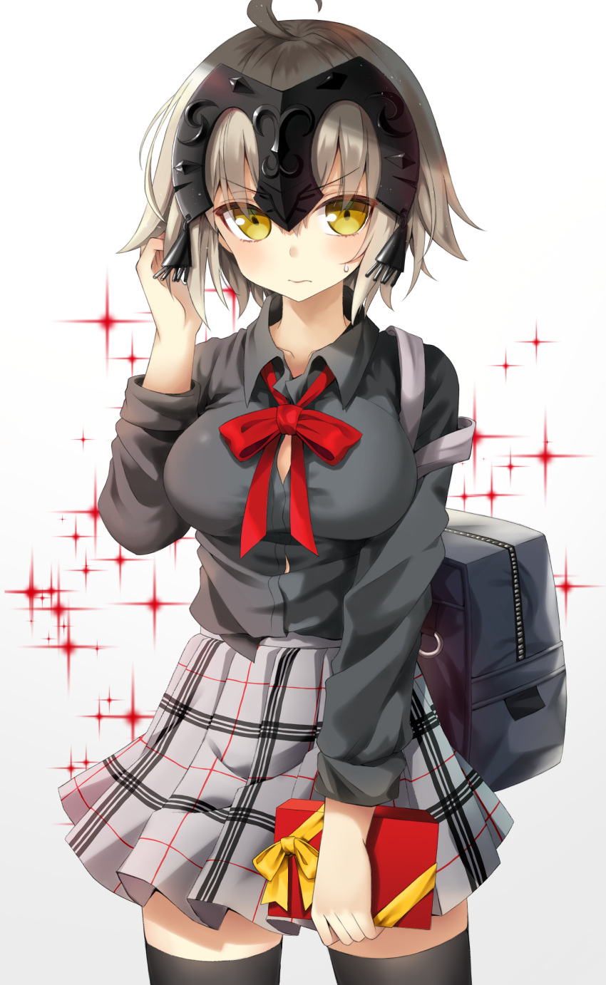 1girl 666_(ro_ro_ro3) absurdres ahoge bag black_legwear bow bowtie casual closed_mouth cowboy_shot fate/grand_order fate_(series) furrowed_eyebrows gift grey_shirt grey_skirt headpiece highres holding holding_gift jeanne_d'arc_(alter)_(fate) jeanne_d'arc_(fate)_(all) looking_at_viewer plaid plaid_skirt red_bow shirt short_hair simple_background skirt solo standing thigh-highs valentine white_background white_hair yellow_eyes zettai_ryouiki