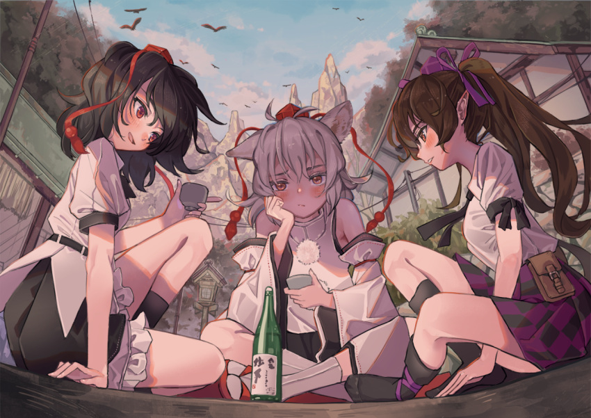 3girls :d animal_ear_fluff animal_ears arm_support bangs bare_shoulders belt bird black_belt black_hair black_legwear black_neckwear black_ribbon black_skirt blue_sky blush bottle breasts brown_hair building checkered checkered_skirt chin_rest clouds commentary_request cup day detached_sleeves hair_between_eyes hair_ribbon hand_up hat himekaidou_hatate holding holding_cup indian_style inubashiri_momiji knee_up leg_ribbon long_hair long_sleeves looking_at_another looking_at_viewer maachi_(fsam4547) medium_breasts miniskirt mountain multiple_girls neck_ribbon open_mouth outdoors parted_lips petticoat pointing pointy_ears pom_pom_(clothes) pouch power_lines puffy_short_sleeves puffy_sleeves purple_ribbon purple_skirt red_eyes red_footwear ribbon sandals shameimaru_aya shirt short_hair short_sleeves silver_hair sitting skirt sky smile socks tassel thighs tokin_hat touhou twintails violet_eyes white_legwear white_shirt wide_sleeves wolf_ears