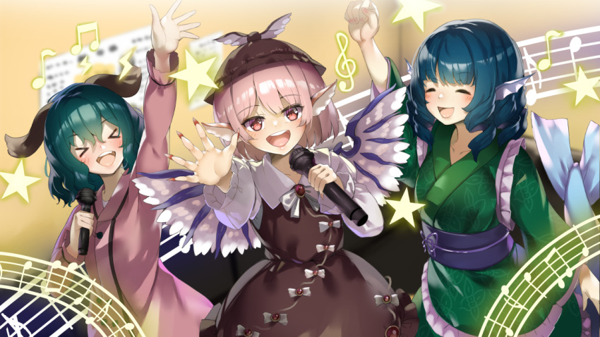 &gt;_&lt; 3girls animal_ears arm_up beamed_eighth_notes bird_wings blue_hair blush bow closed_eyes commentary_request dress drill_hair eighth_note fingernails green_hair green_kimono hat head_fins holding holding_microphone japanese_clothes kasodani_kyouko kimono lightning_bolt long_sleeves looking_at_viewer mermaid microphone monster_girl multiple_girls music musical_note mystia_lorelei obi open_mouth outstretched_hand pink_dress pink_eyes pink_hair piyodesu quarter_note sash sharp_fingernails singing staff_(music) star touhou treble_clef wakasagihime wings