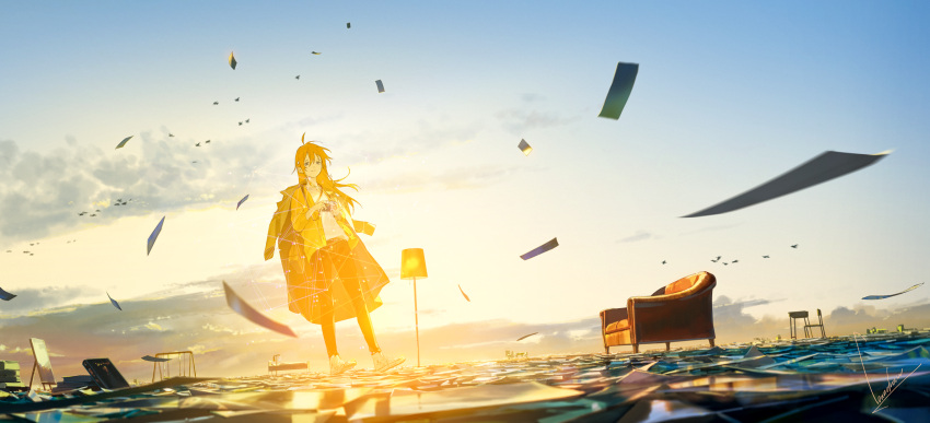 1girl ahoge bag bed blonde_hair book camera canvas_(object) clouds coat couch furniture highres jacket jacket_on_shoulders lamp long_hair looking_at_viewer loundraw original outdoors paper sad scenery shoes signature sky sneakers swing_set