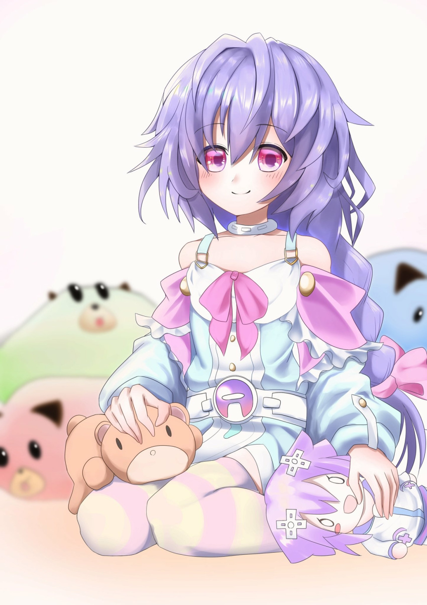 1girl bare_shoulders blush blush_stickers braid character_doll choker commentary_request curly_hair d-pad d-pad_hair_ornament dress hair_ornament highres indoors kami_jigen_game_neptune_v lavender_hair long_hair looking_at_viewer naoya12580118 neptune_(neptune_series) neptune_(series) pink_eyes purple_hair pururut seiza single_braid sitting smile solo striped striped_legwear stuffed_toy thigh-highs very_long_hair white_choker